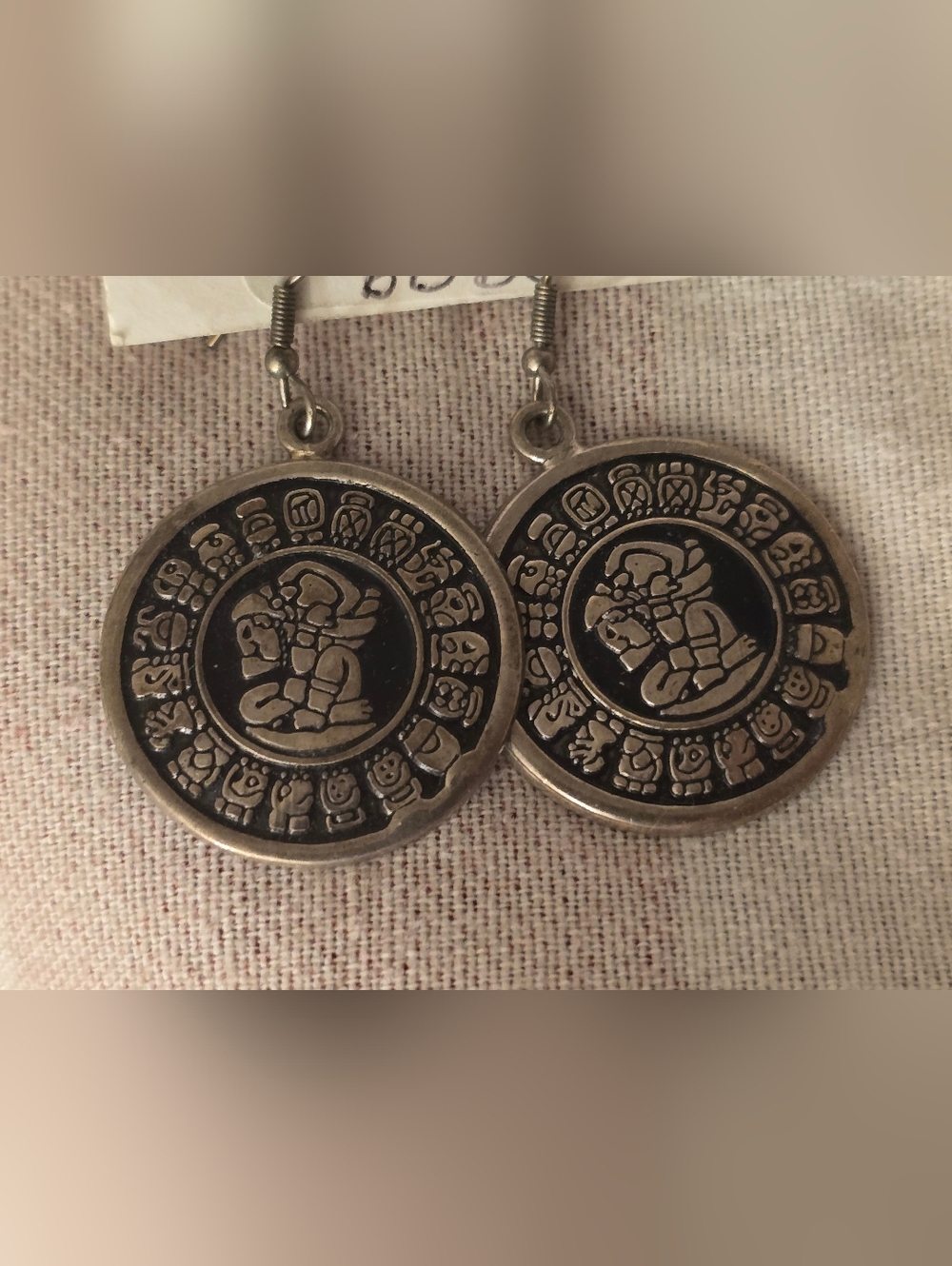 Handcrafted Silver-Tone Mayan Medallion Earrings - Black & Silver